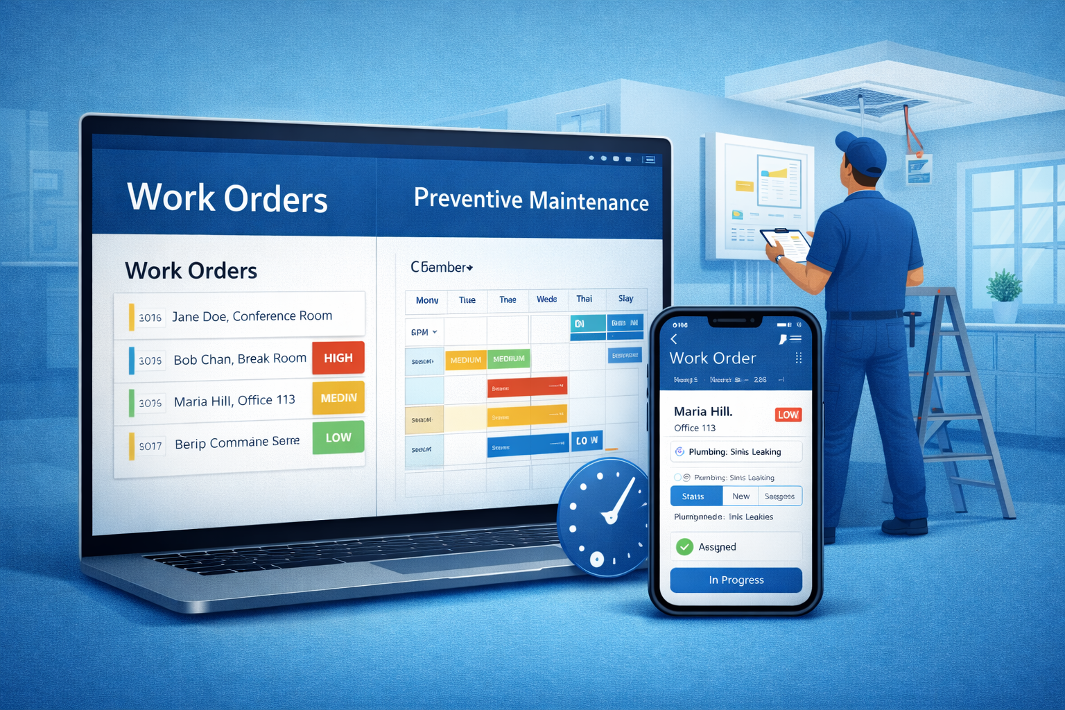 Maintenance management dashboard and work order workflows