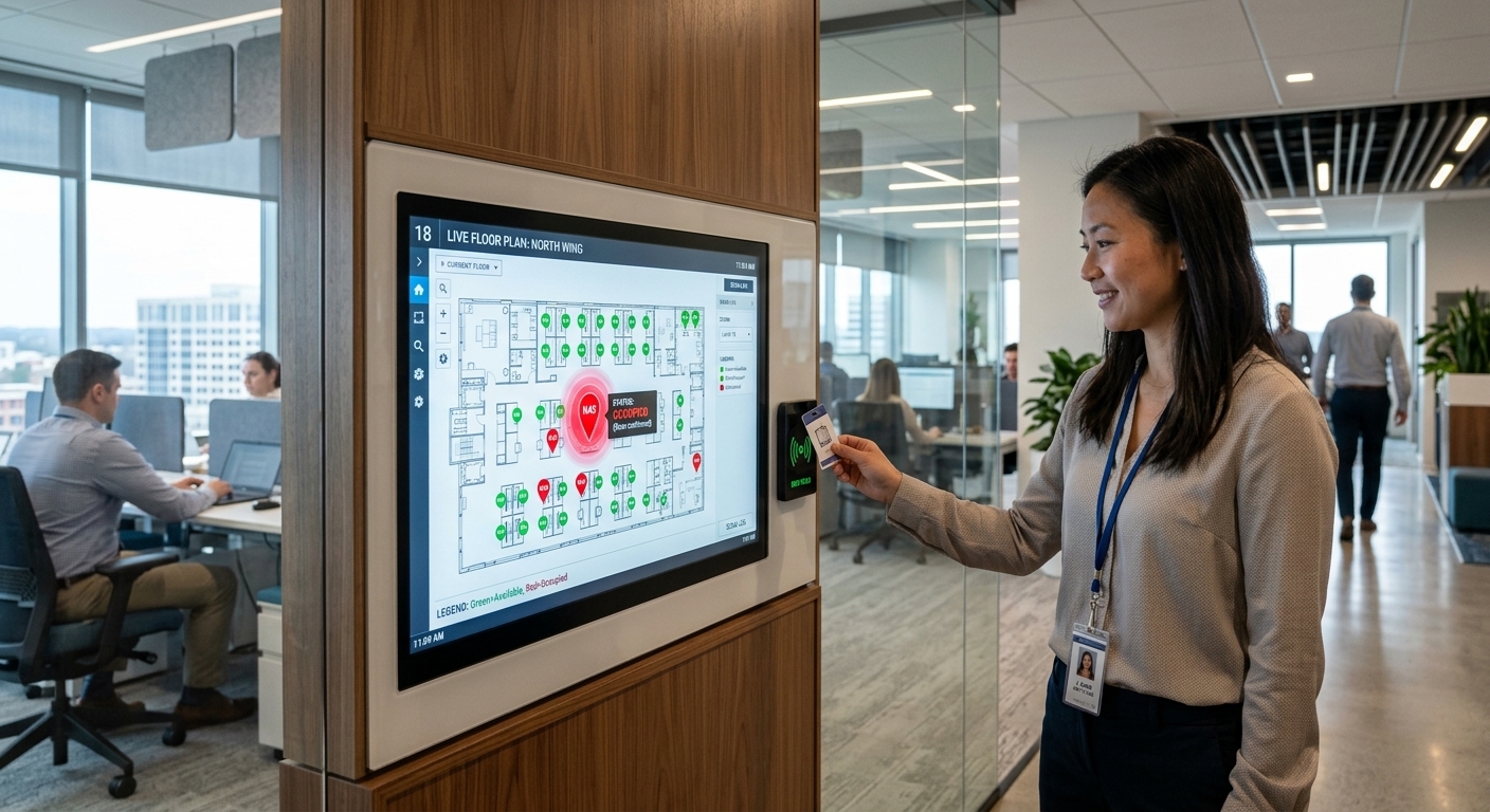 Live badge activity and occupancy displayed on a CADapultFM floor plan